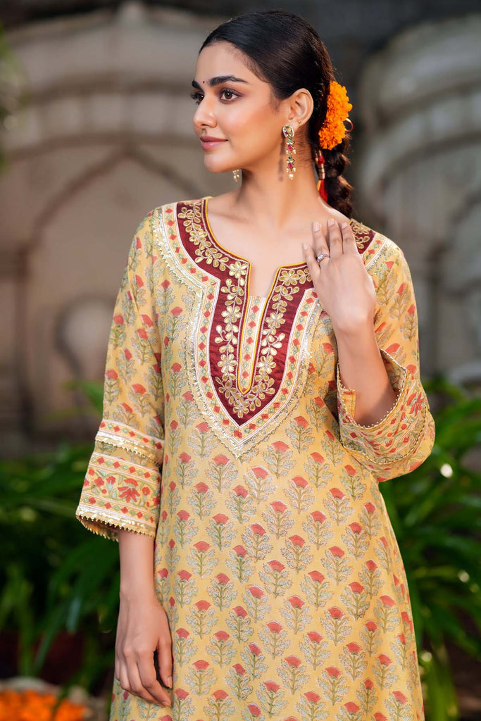 A Line Yellow Hand Block Chanderi Kurta