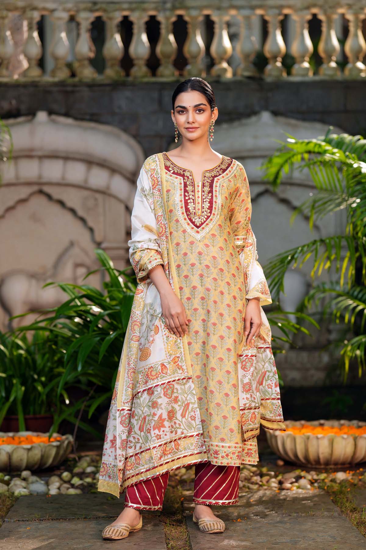 A-Line Light Yellow Hand Block Chanderi Kurta