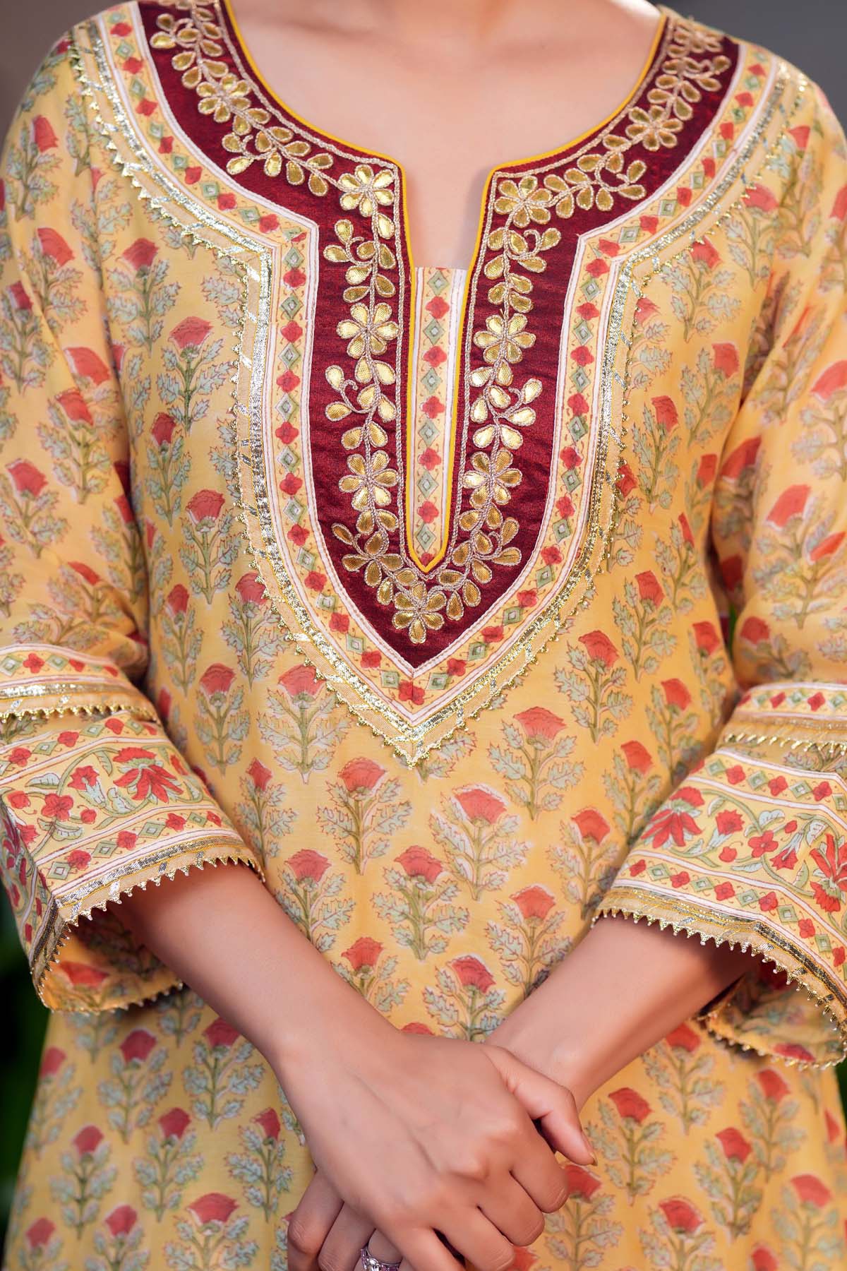 A-Line Light Yellow Hand Block Chanderi Kurta