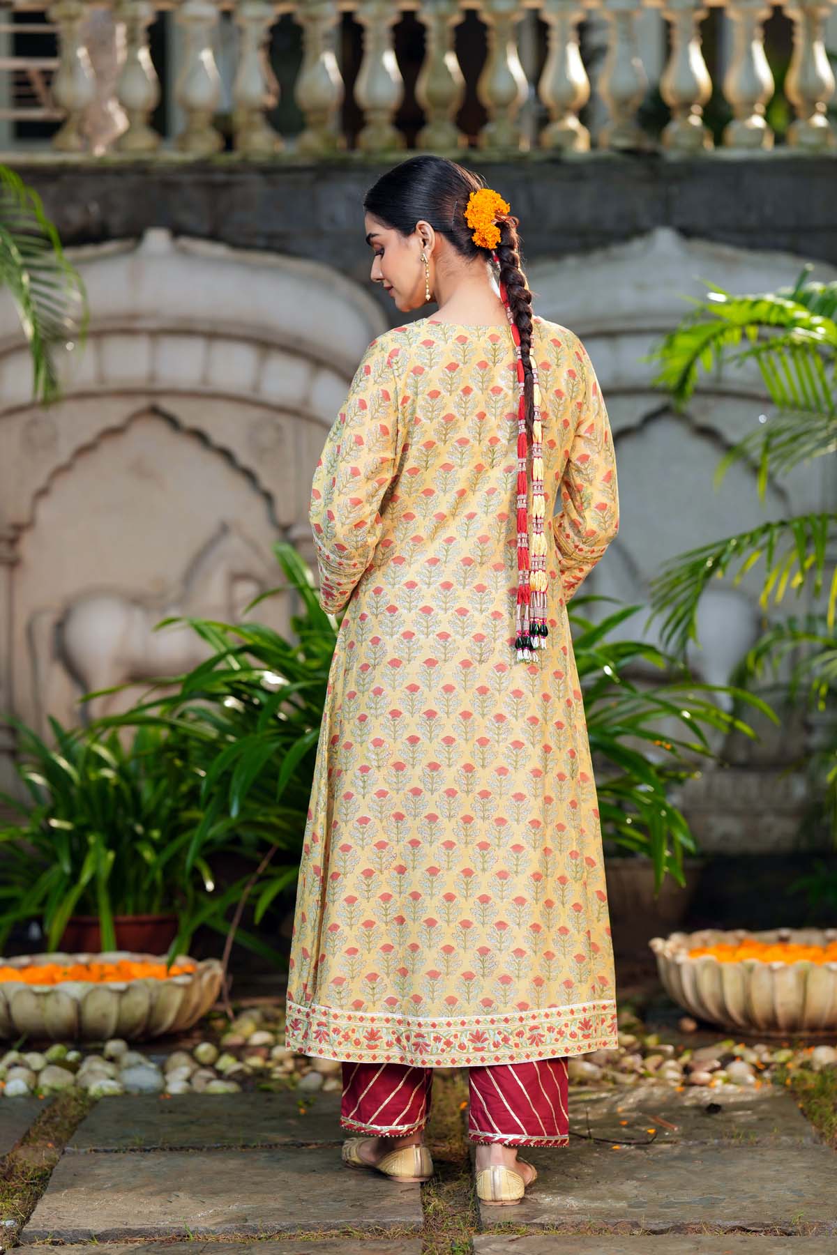 A-Line Light Yellow Hand Block Chanderi Kurta