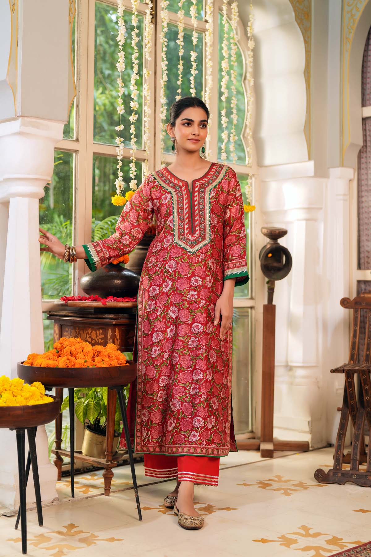 Straight Fit Red Hand Block Chanderi Kurta