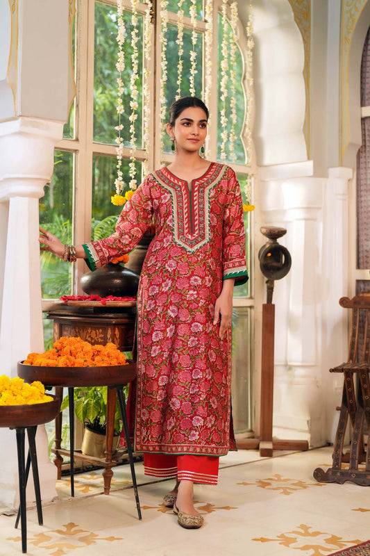 Straight Fit Red Hand Block Chanderi Kurta