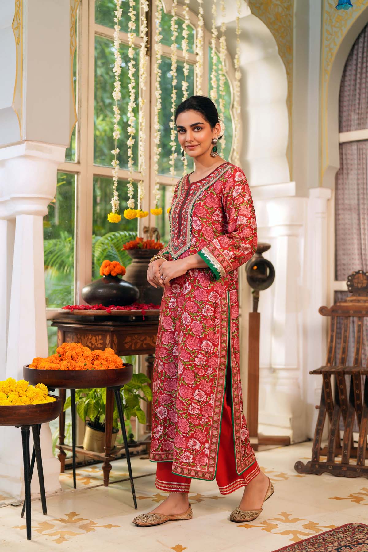 Straight Fit Red Hand Block Chanderi Kurta