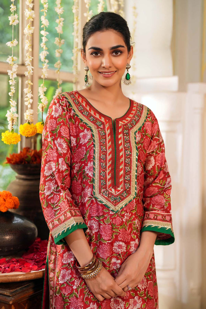 Straight Fit Red Hand Block Chanderi Kurta