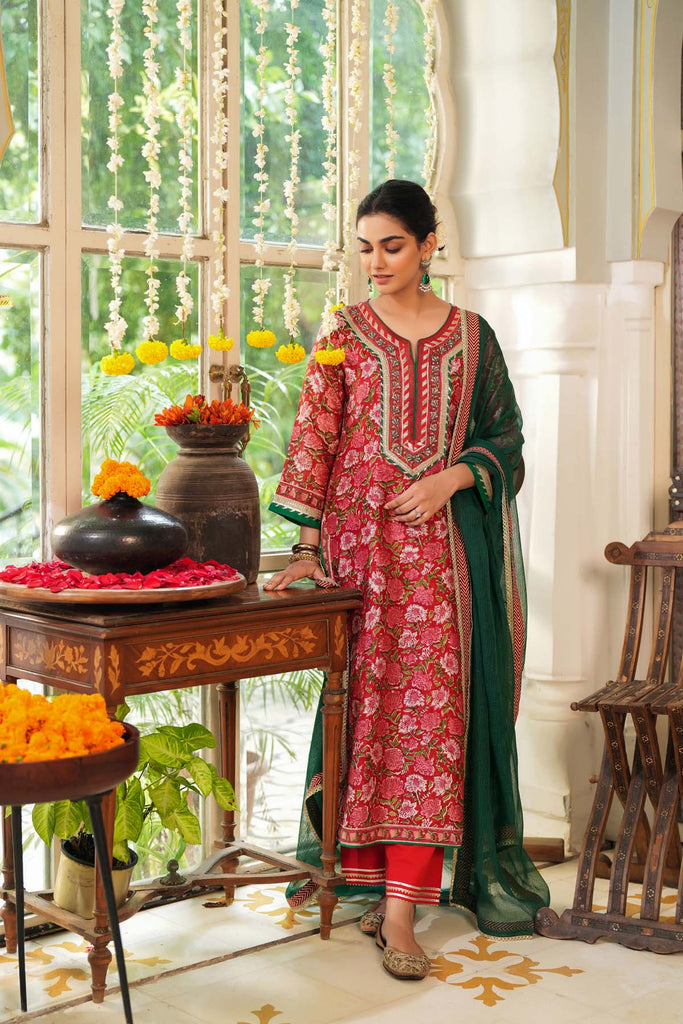 Straight Fit Red Hand Block Chanderi Kurta