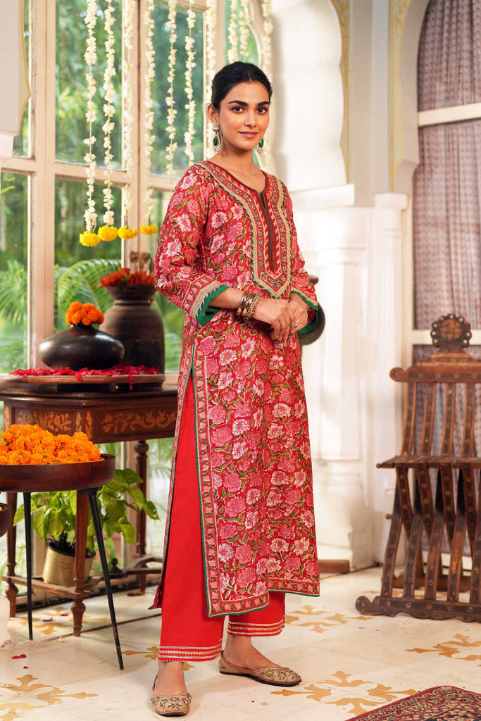 Straight Fit Red Hand Block Chanderi Kurta