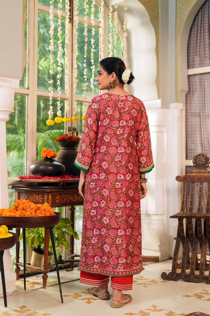 Straight Fit Red Hand Block Chanderi Kurta