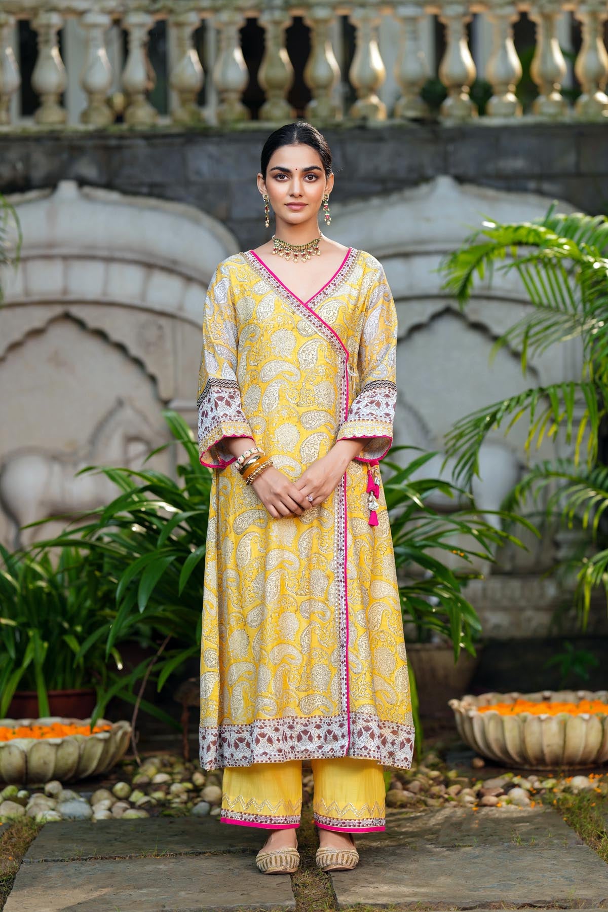 Lime Yellow Angrakha Style Kurta In Mul Chanderi