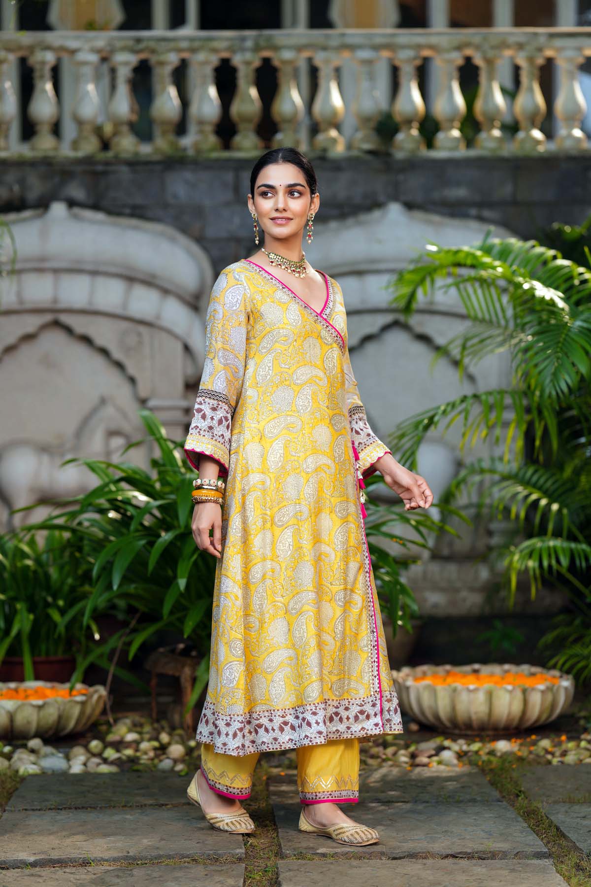 Lime Yellow Angrakha Style Kurta In Mul Chanderi