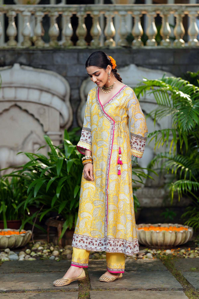 Lime Yellow Angrakha Style Kurta In Mul Chanderi