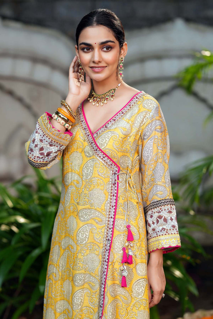 Lime Yellow Angrakha Style Kurta In Mul Chanderi