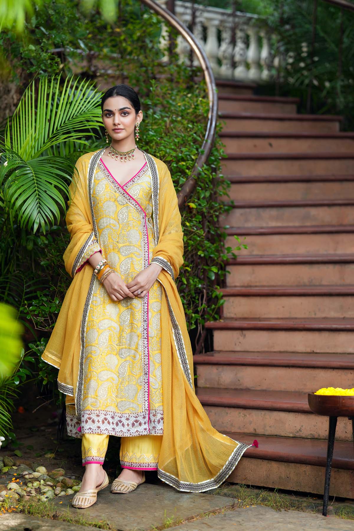 Lime Yellow Angrakha Style Kurta In Mul Chanderi