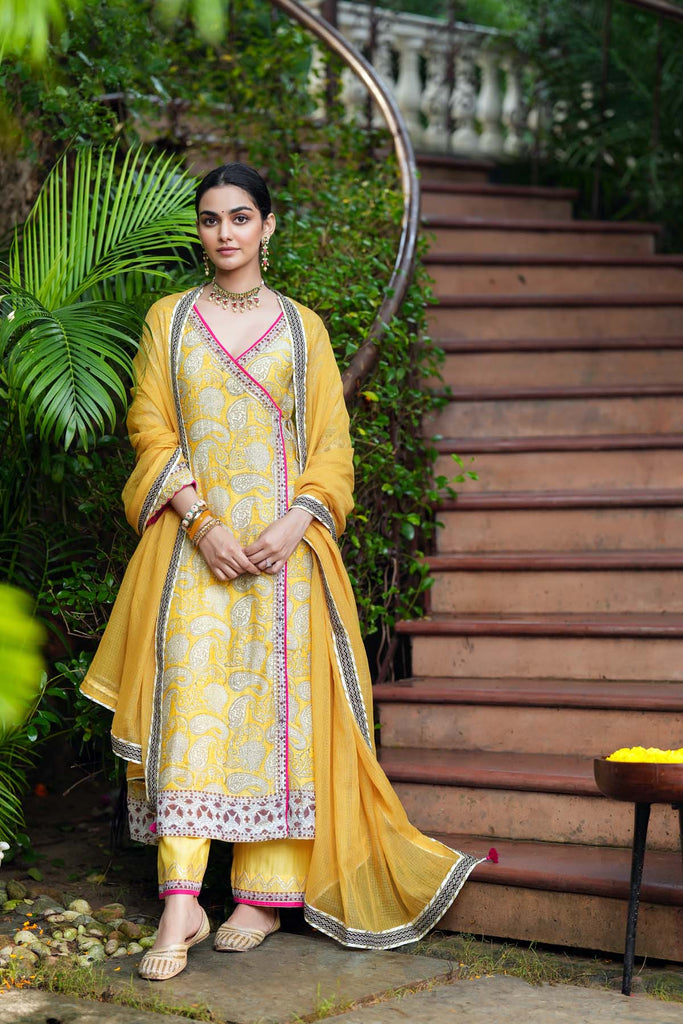 Lime Yellow Angrakha Style Kurta In Mul Chanderi