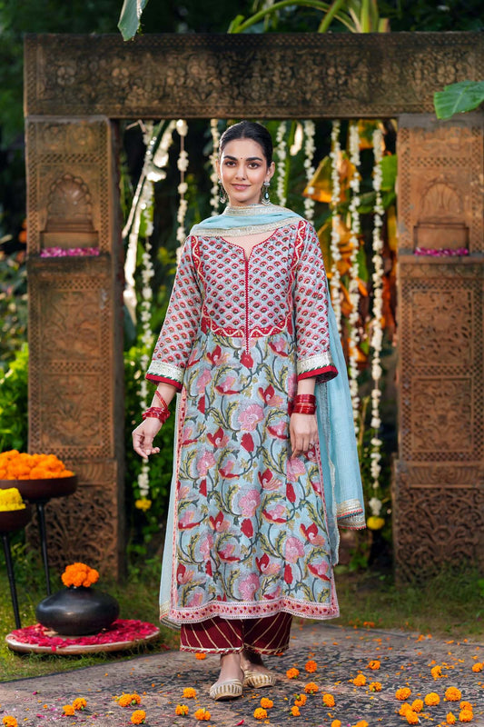 Teal Green Straight Fit Handblock Printed Chanderi Kurta