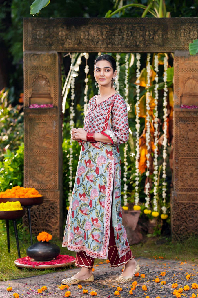 Teal Green Straight Fit Handblock Printed Chanderi Kurta