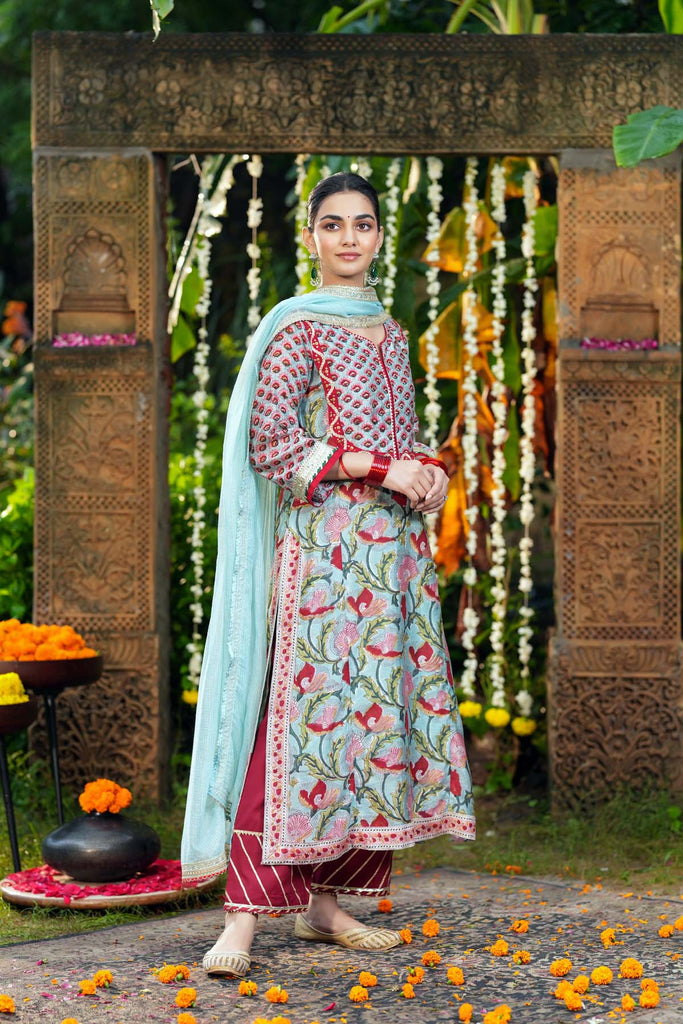 Teal Green Straight Fit Handblock Printed Chanderi Kurta