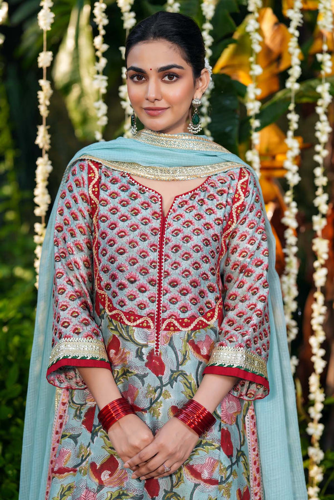 Teal Green Straight Fit Handblock Printed Chanderi Kurta