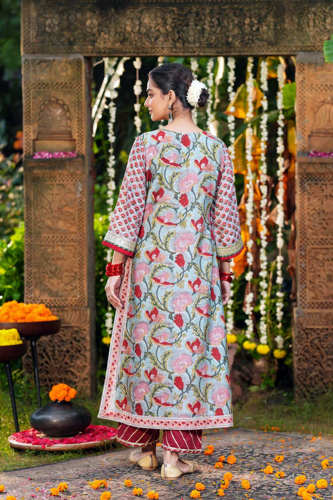 Teal Green Straight Fit Handblock Printed Chanderi Kurta
