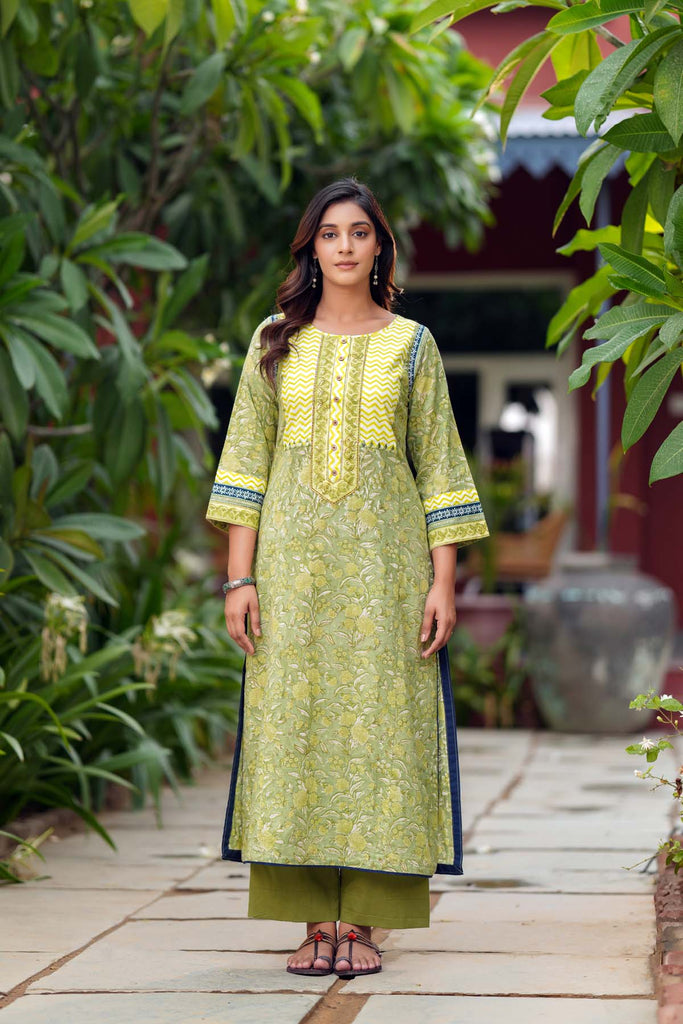 Lime Green A-Line Fit Kurta In Hand Block Cotton