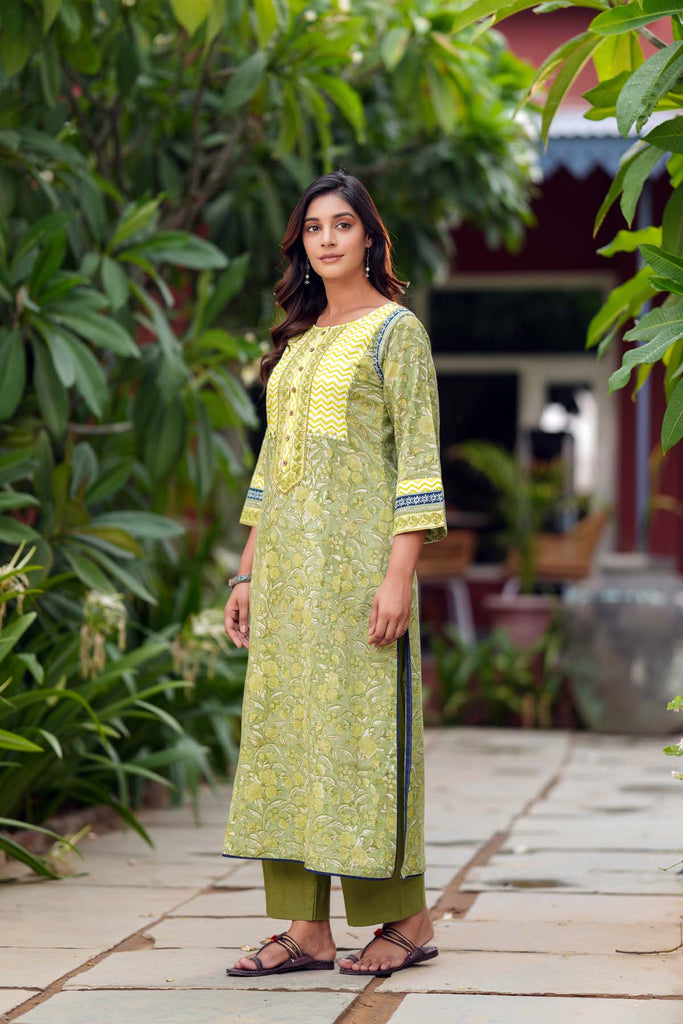 Lime Green A-Line Fit Kurta In Hand Block Cotton
