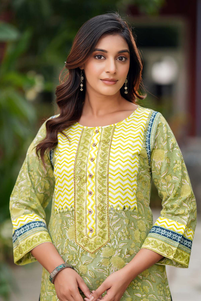 Lime Green A-Line Fit Kurta In Hand Block Cotton
