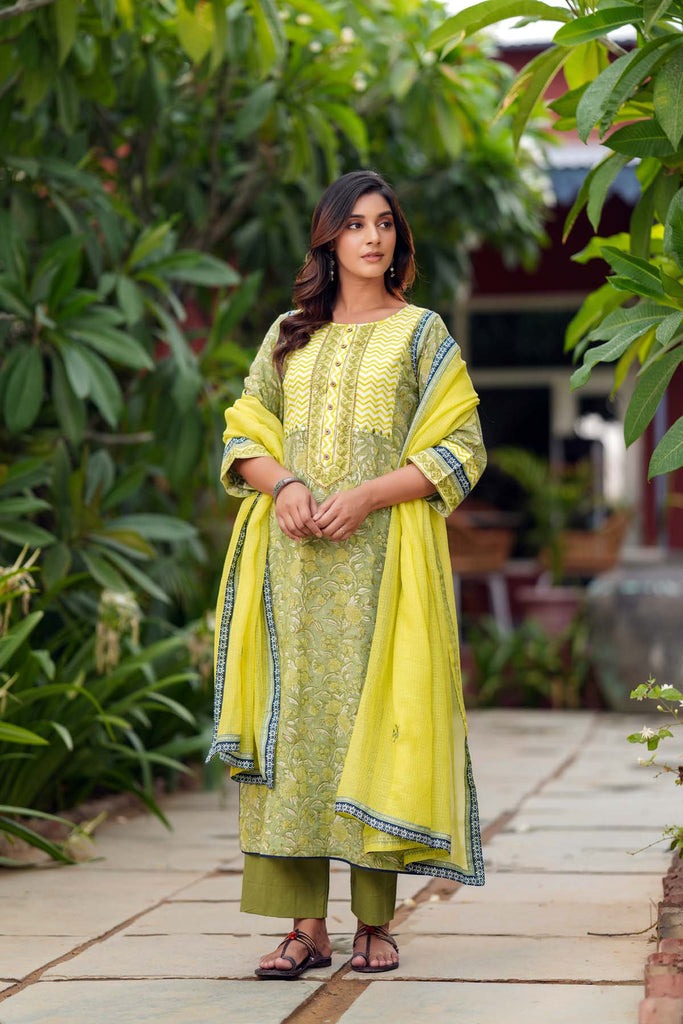 Lime Green A-Line Fit Kurta In Hand Block Cotton