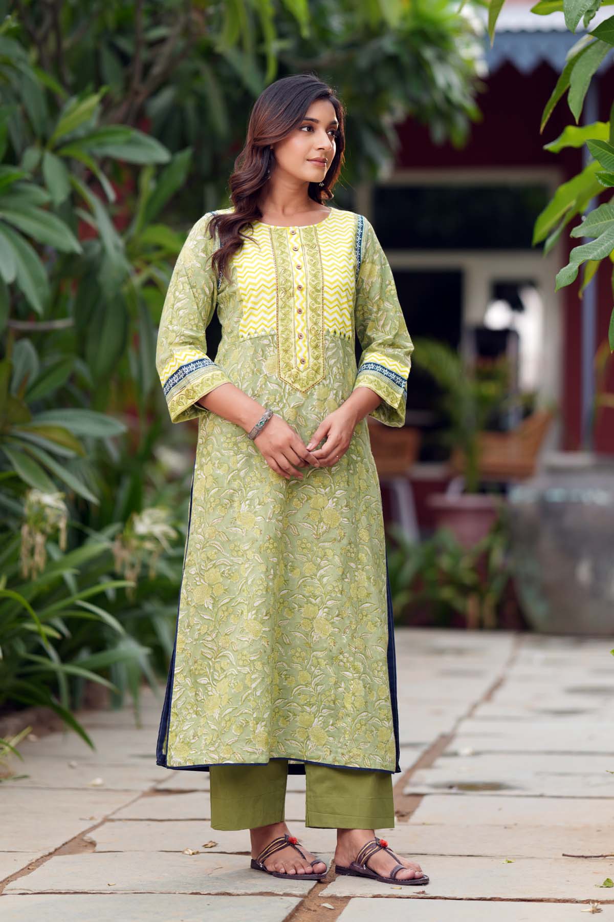 Lime Green A-Line Fit Kurta In Hand Block Cotton