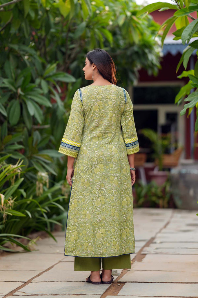 Lime Green A-Line Fit Kurta In Hand Block Cotton