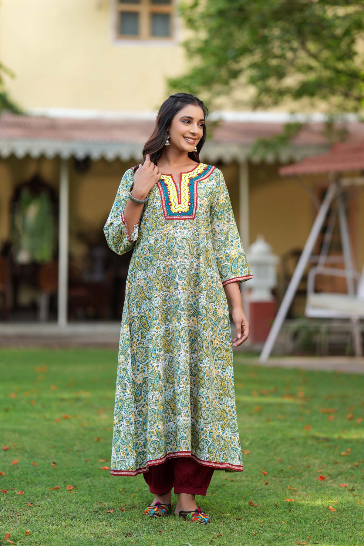 Light Green A-Line Kurta In Handblock Cotton Fabric
