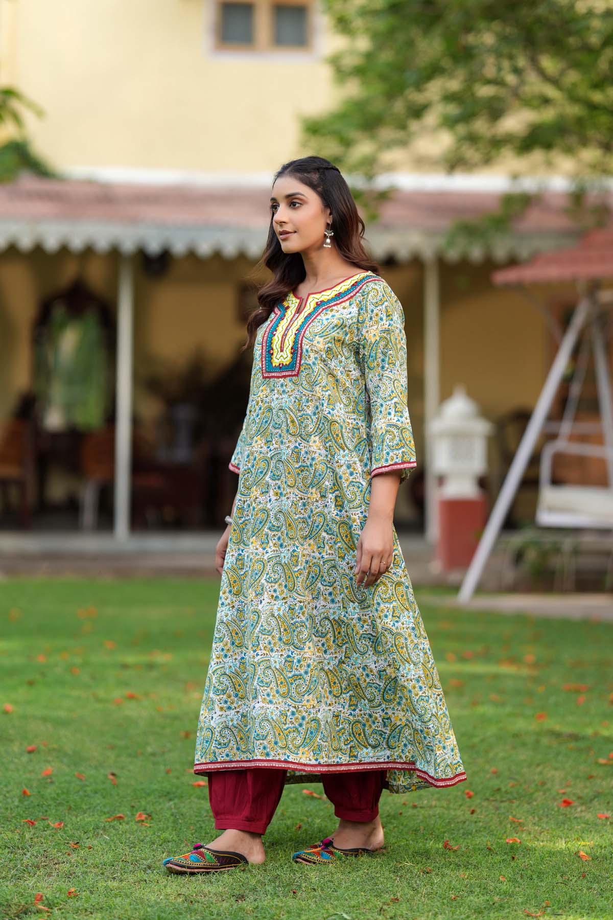 Light Green A-Line Kurta In Handblock Cotton Fabric