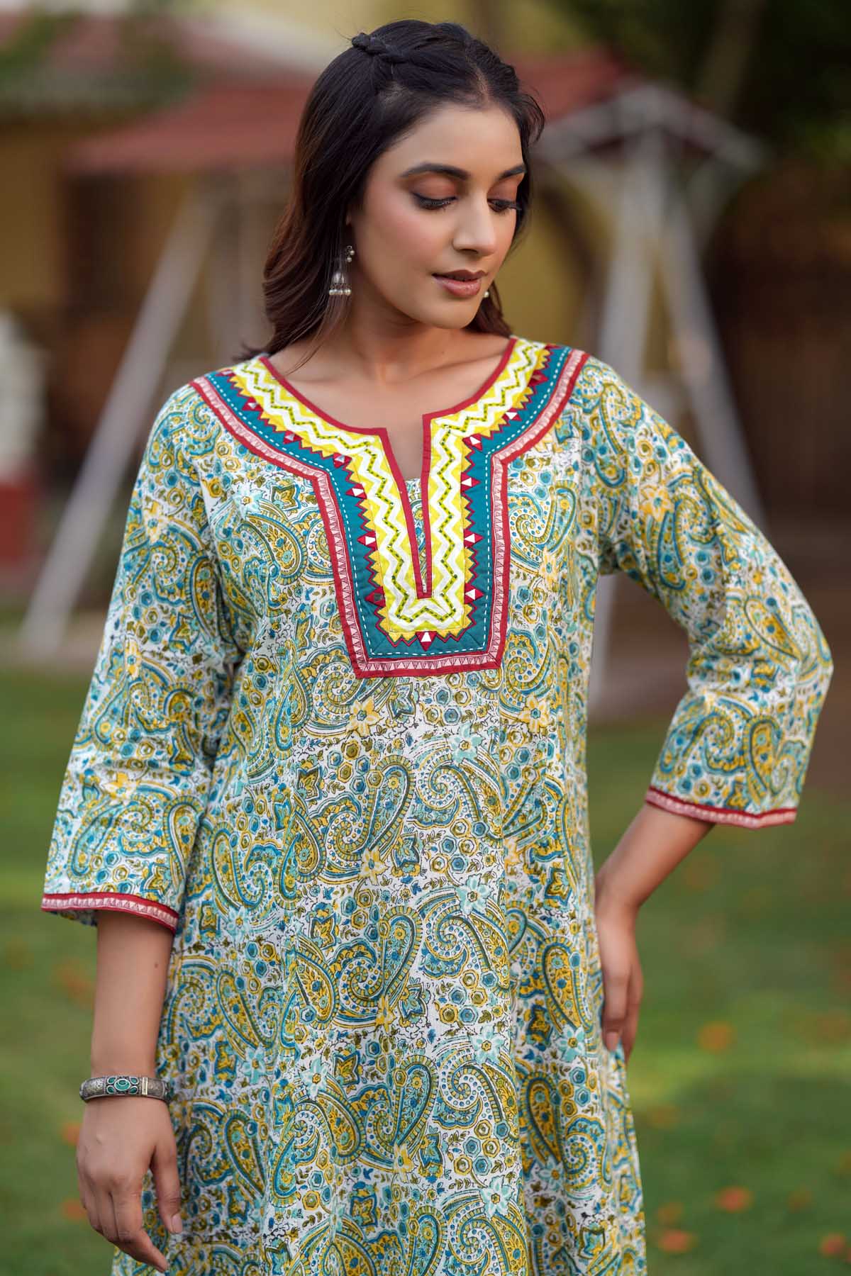 Light Green A-Line Kurta In Handblock Cotton Fabric