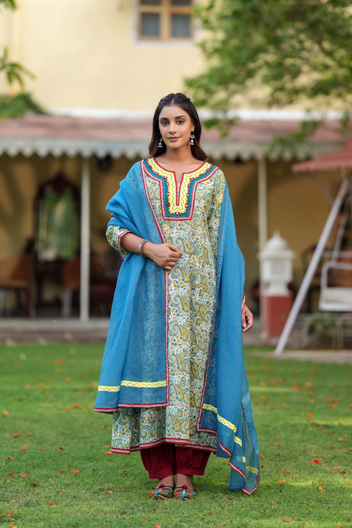 Light Green A-Line Kurta In Handblock Cotton Fabric