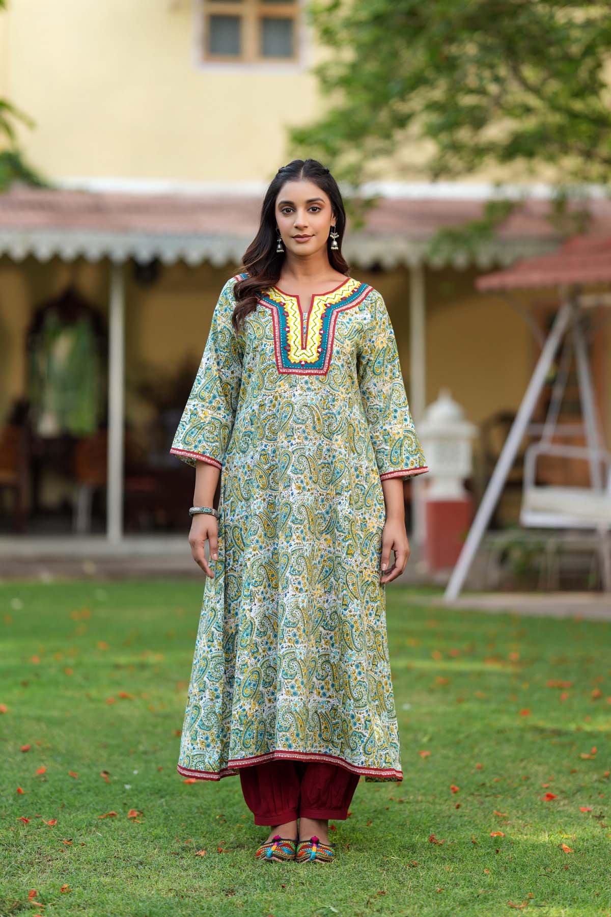 Light Green A-Line Kurta In Handblock Cotton Fabric