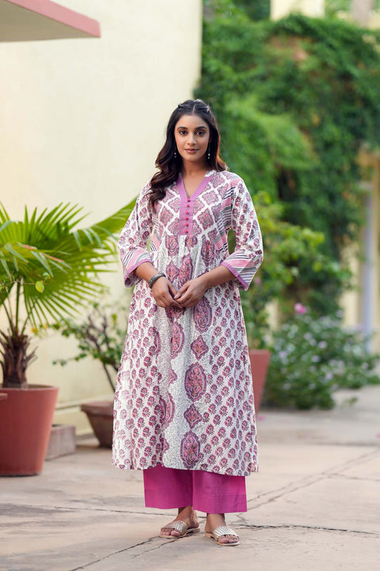 Light Purple/White A-Line Kurta In Handblock Cotton Fabric