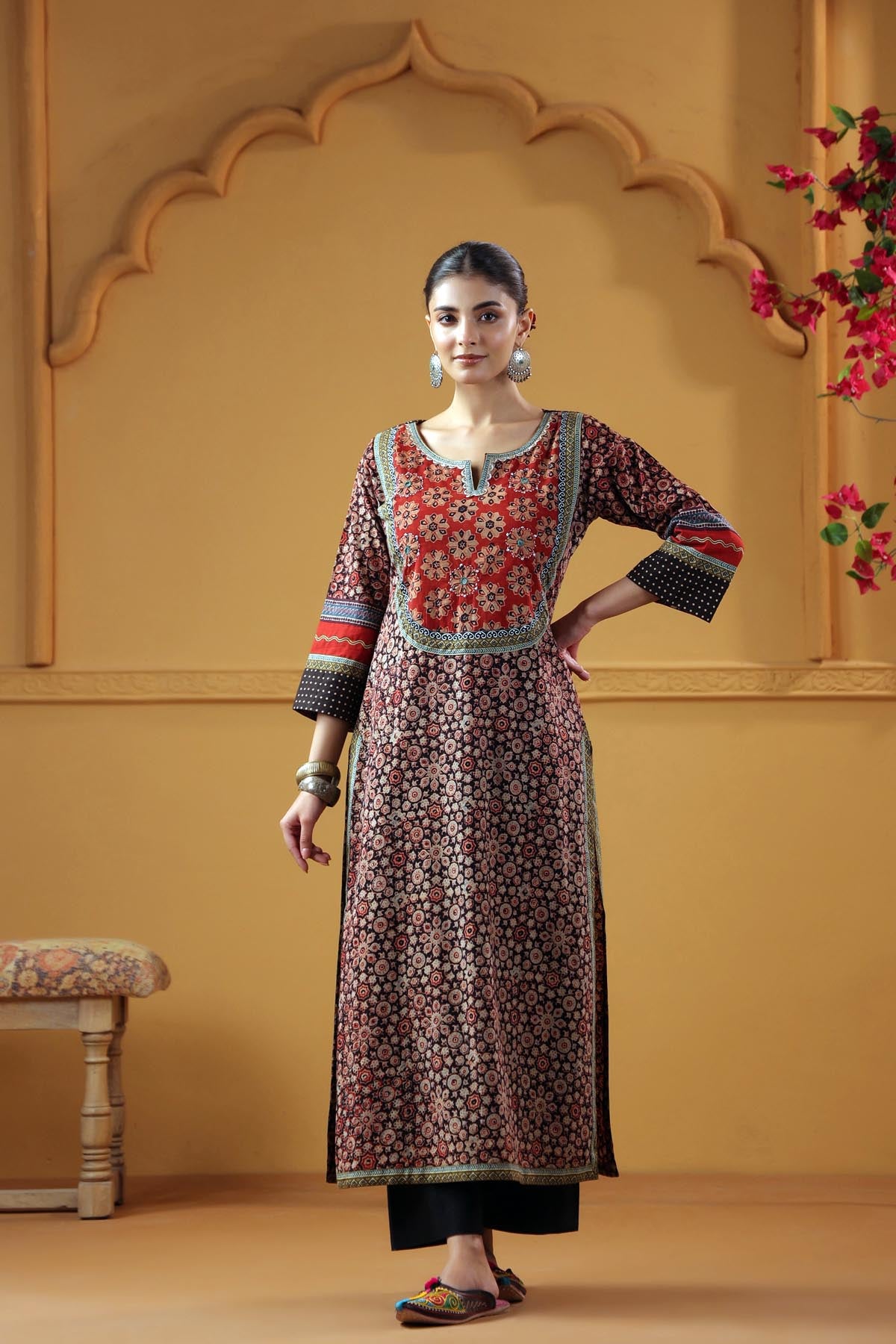 Maroon Ajrakh Straight Fit Kurta