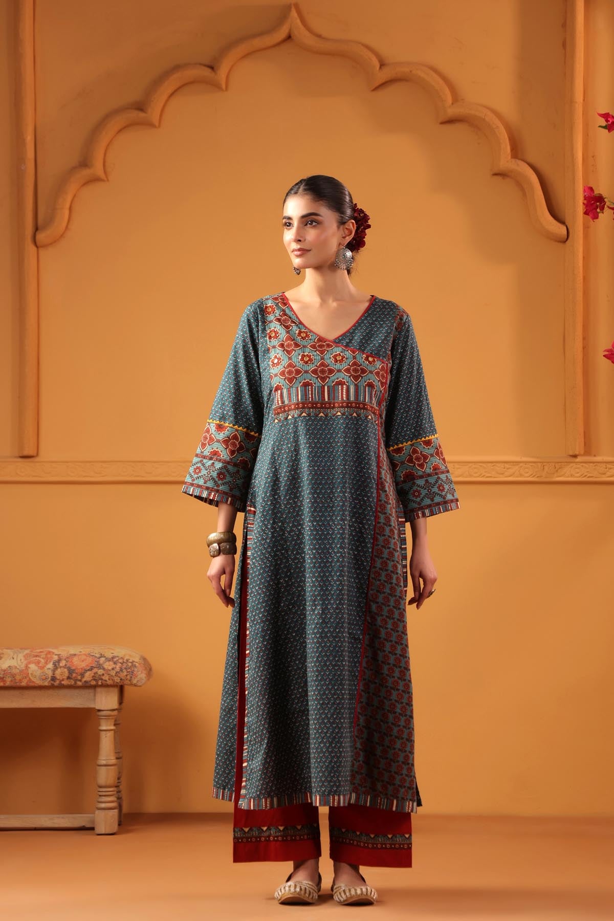 Teal Green Angrakha Style A-Line Kurta