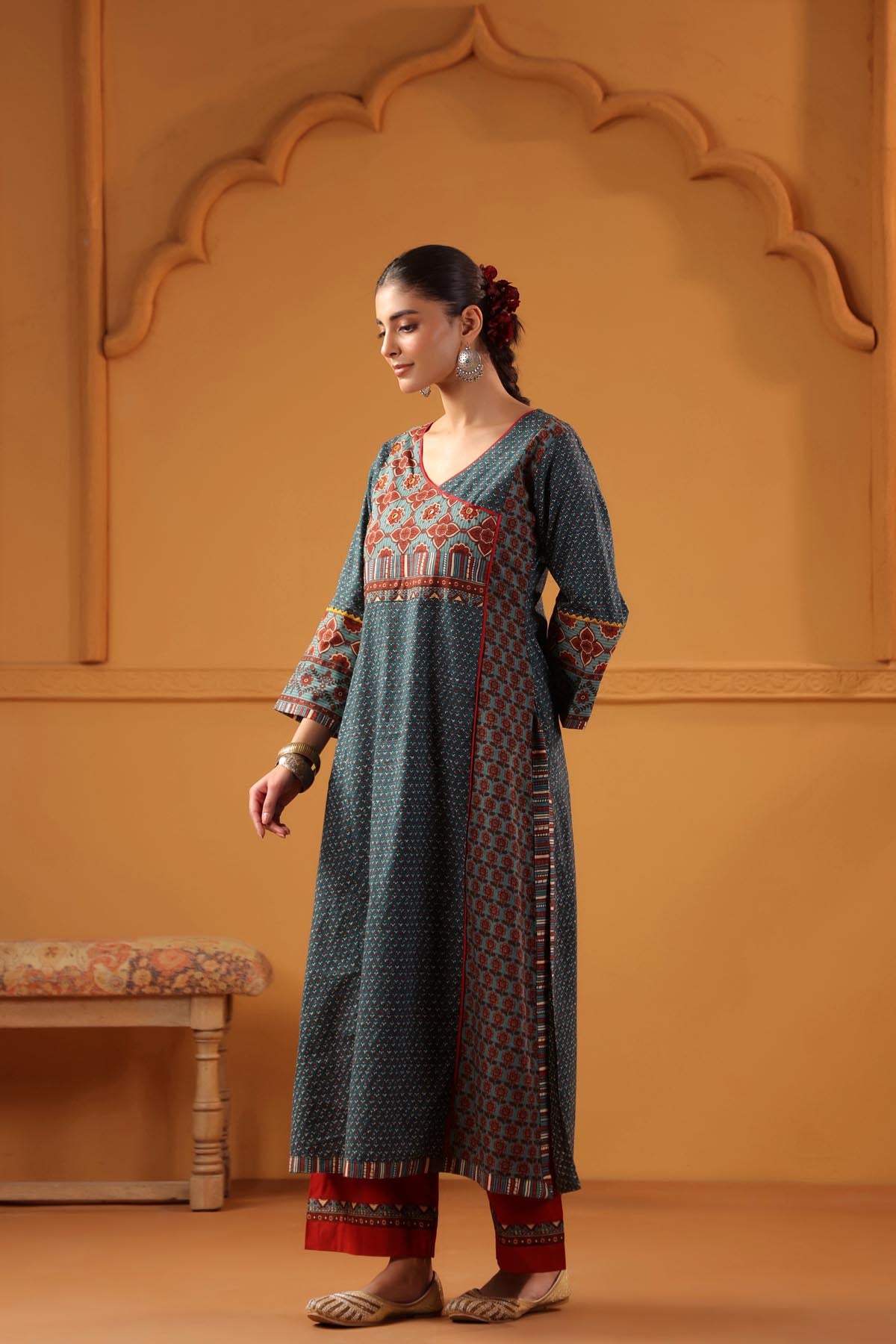 Teal Green Angrakha Style A-Line Kurta