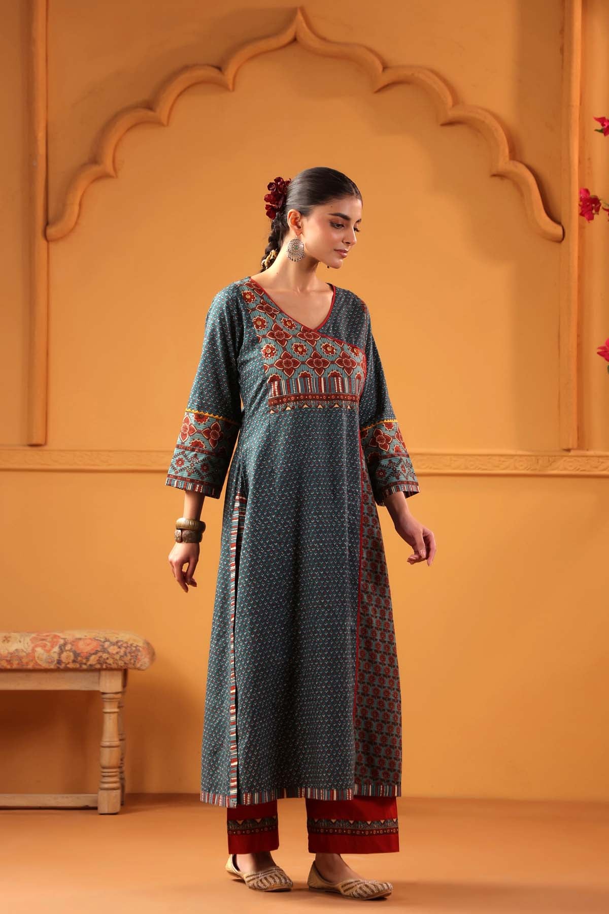 Teal Green Angrakha Style A-Line Kurta