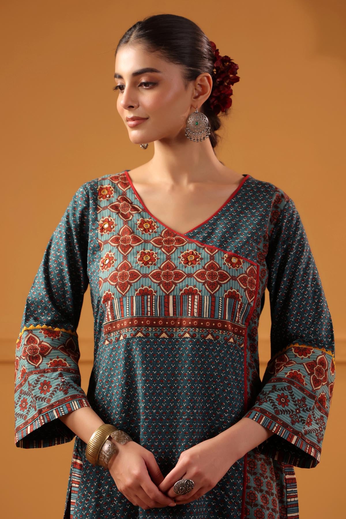 Teal Green Angrakha Style A-Line Kurta