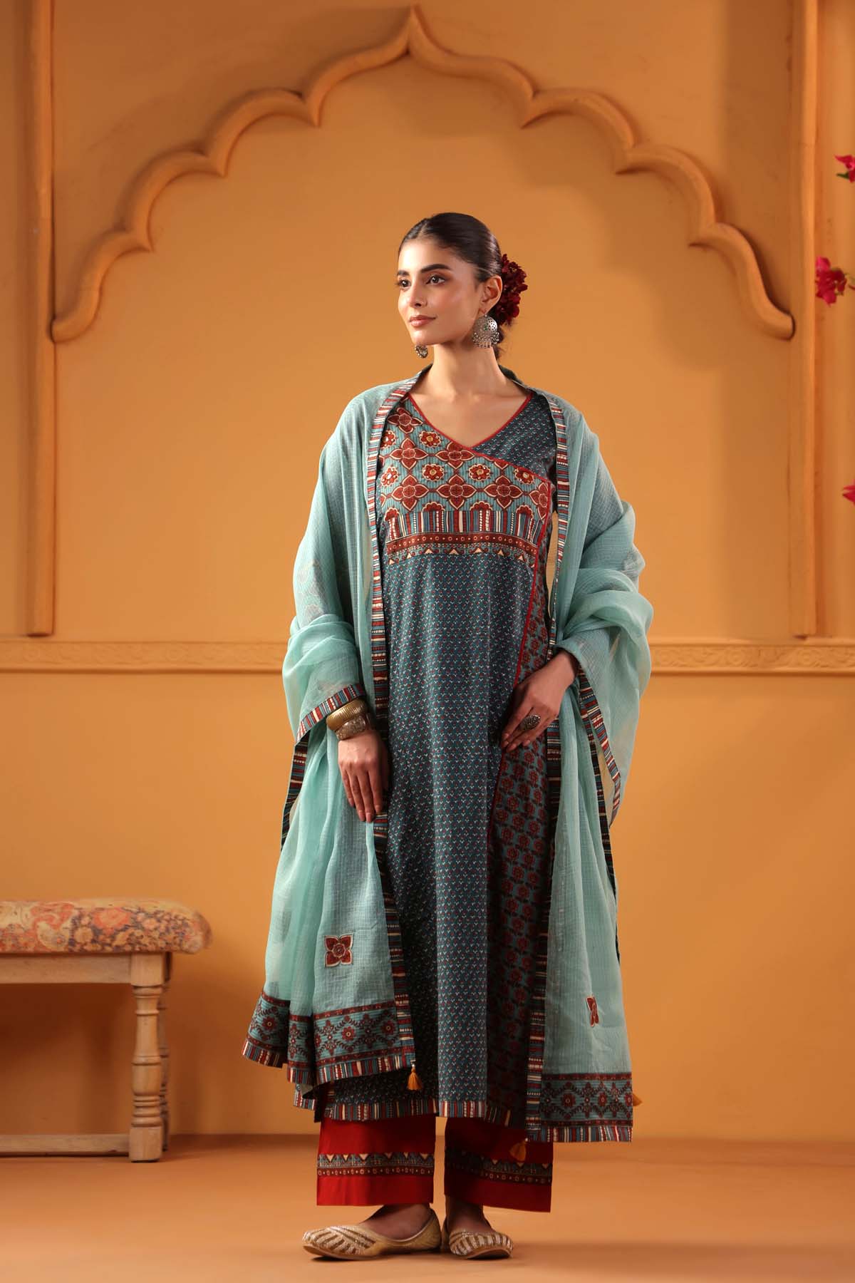 Teal Green Angrakha Style A-Line Kurta
