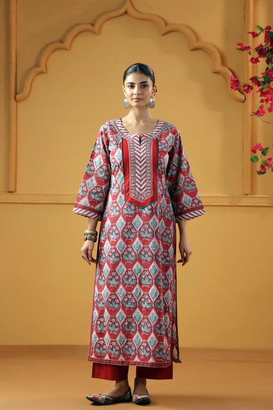 Dark Red Handblock Printed Kurta