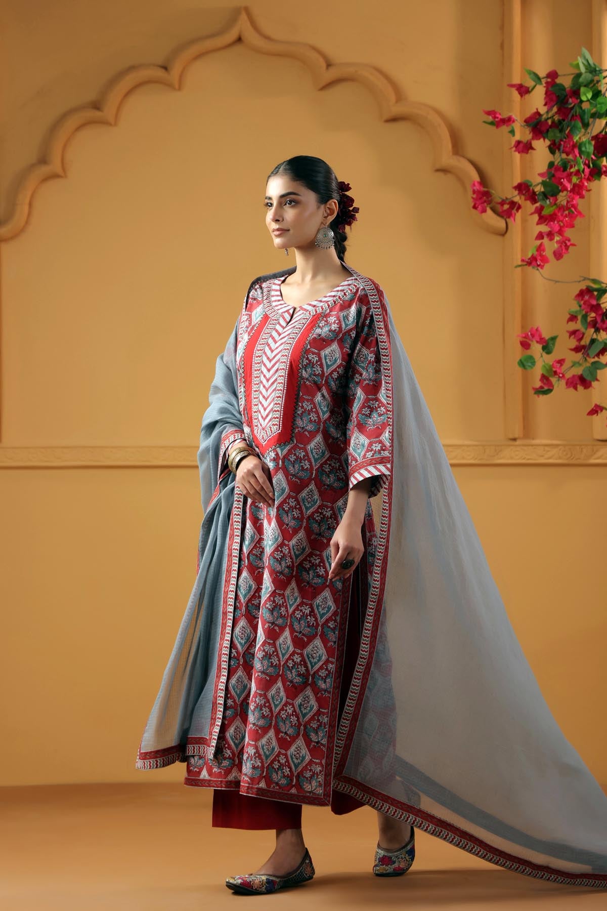 Dark Red Handblock Printed Kurta