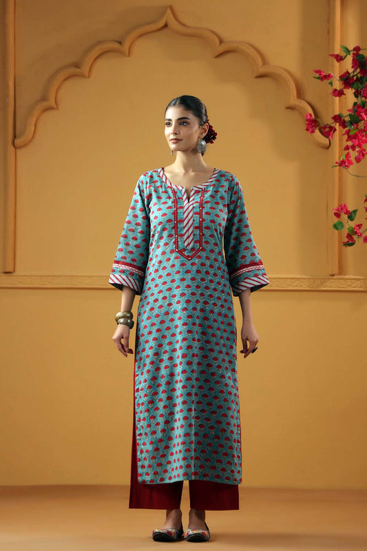 Teal Green Handblock Cotton Straight Fit Kurta