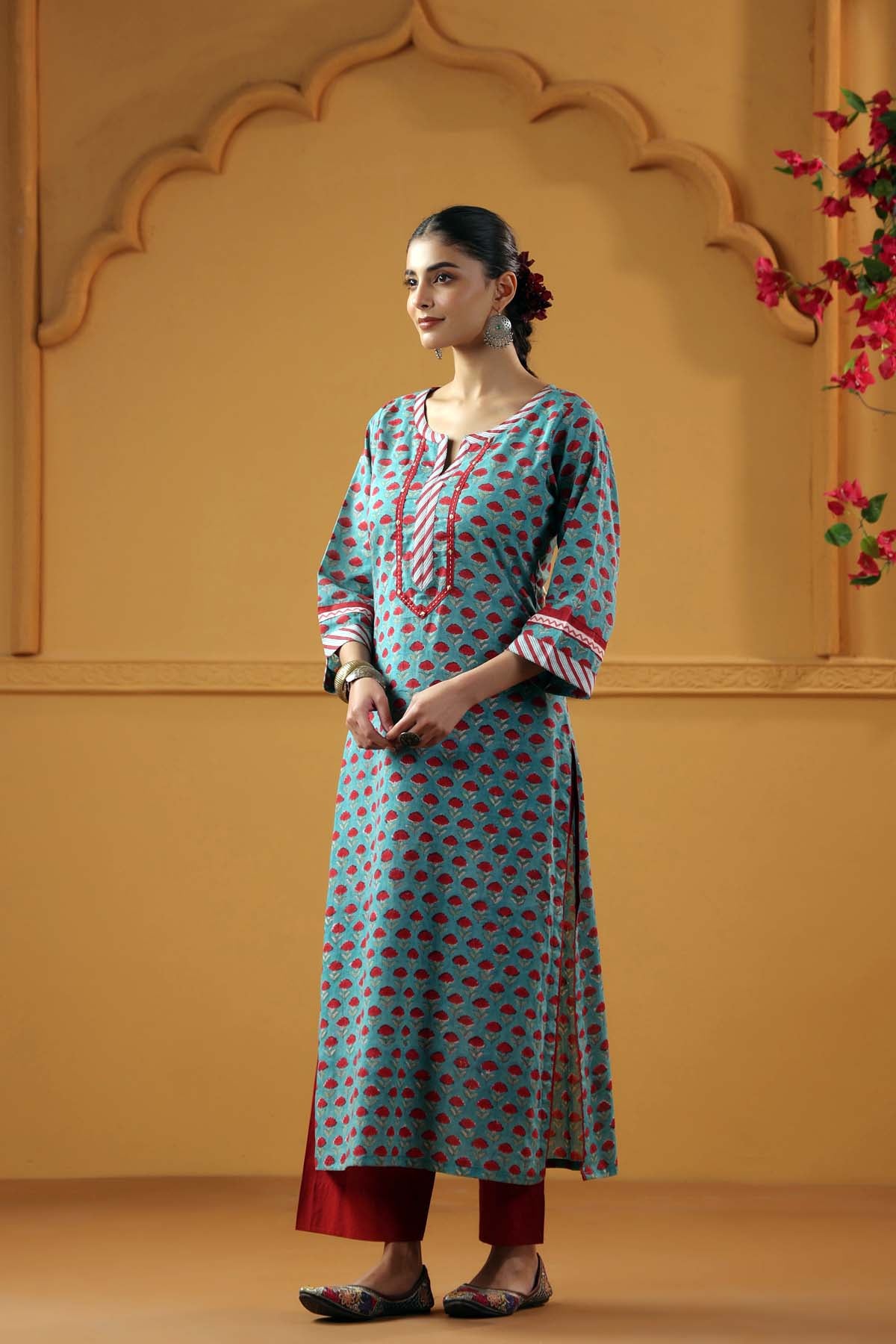 Teal Green Handblock Cotton Straight Fit Kurta