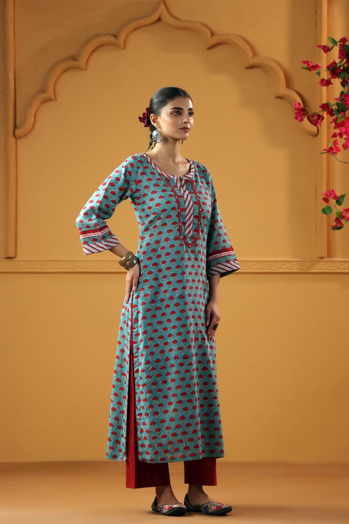 Teal Green Handblock Cotton Straight Fit Kurta