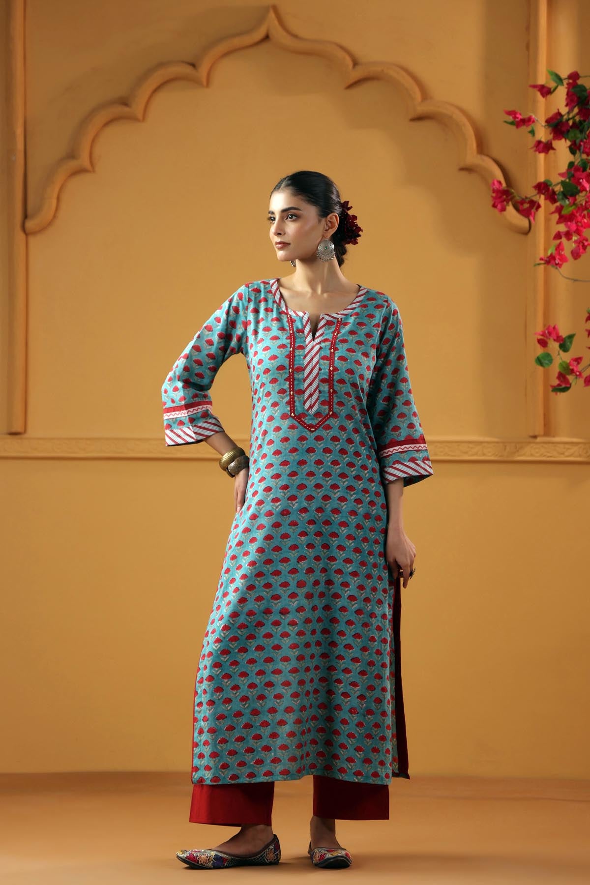 Teal Green Handblock Cotton Straight Fit Kurta