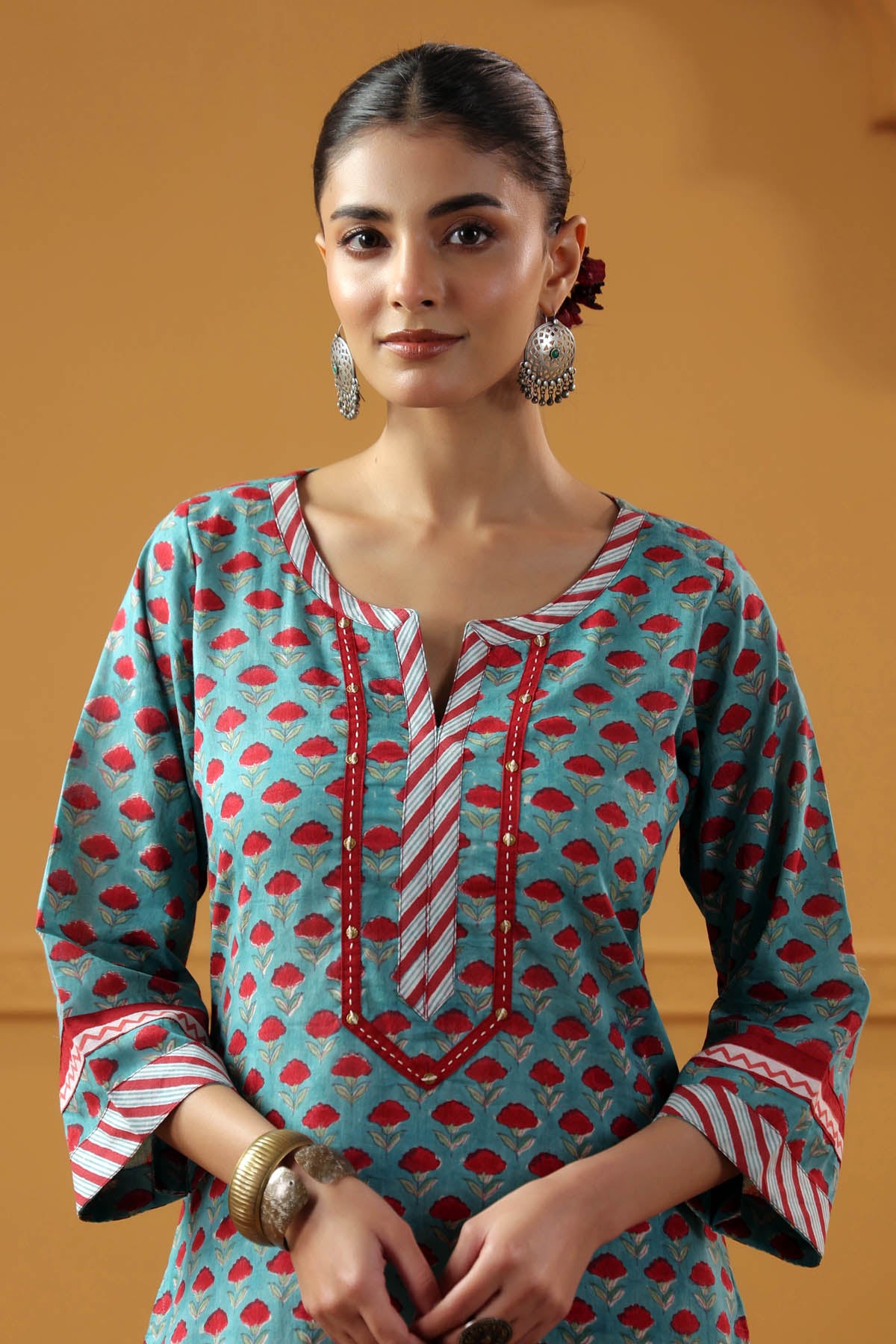 Teal Green Handblock Cotton Straight Fit Kurta