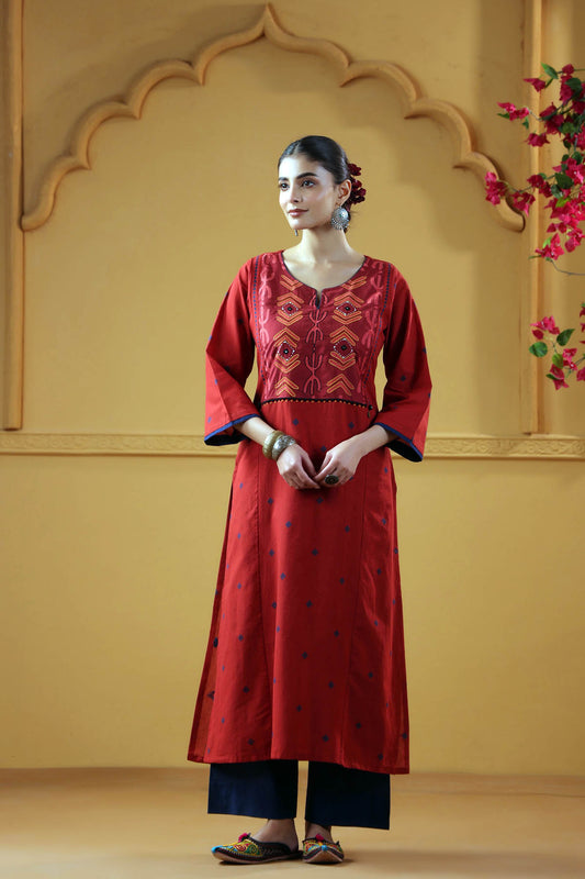 Maroon Handloom Cotton Straight Kurta