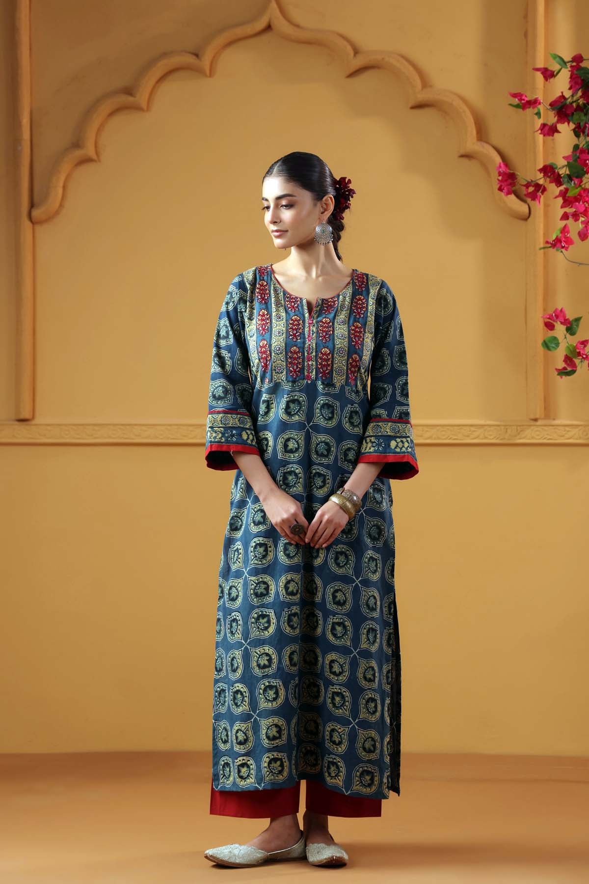 Blue-Green Ajrakh Straight Kurta