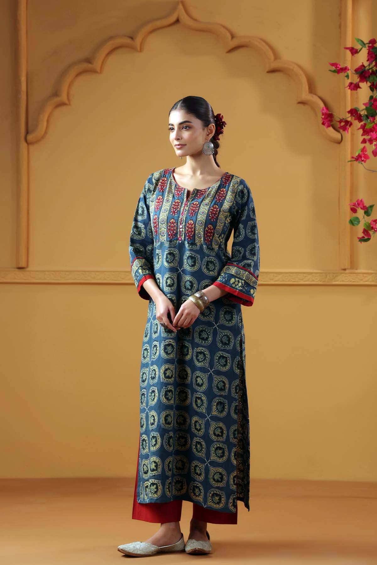 Blue-Green Ajrakh Straight Kurta